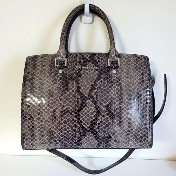 Michael Michael Kors Grey Snake Embossed Leather Medium Selma Tote - Picture 1 of 13